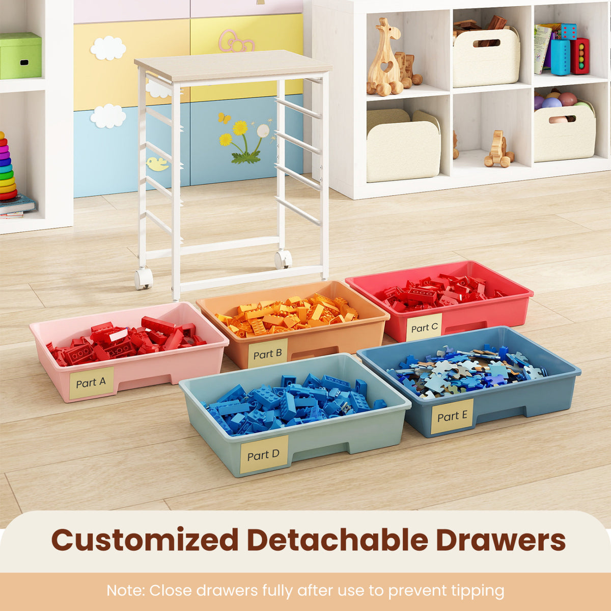 5-Drawer Rolling Cart with Wooden Tabletop and Metal Frame for Craft Room
