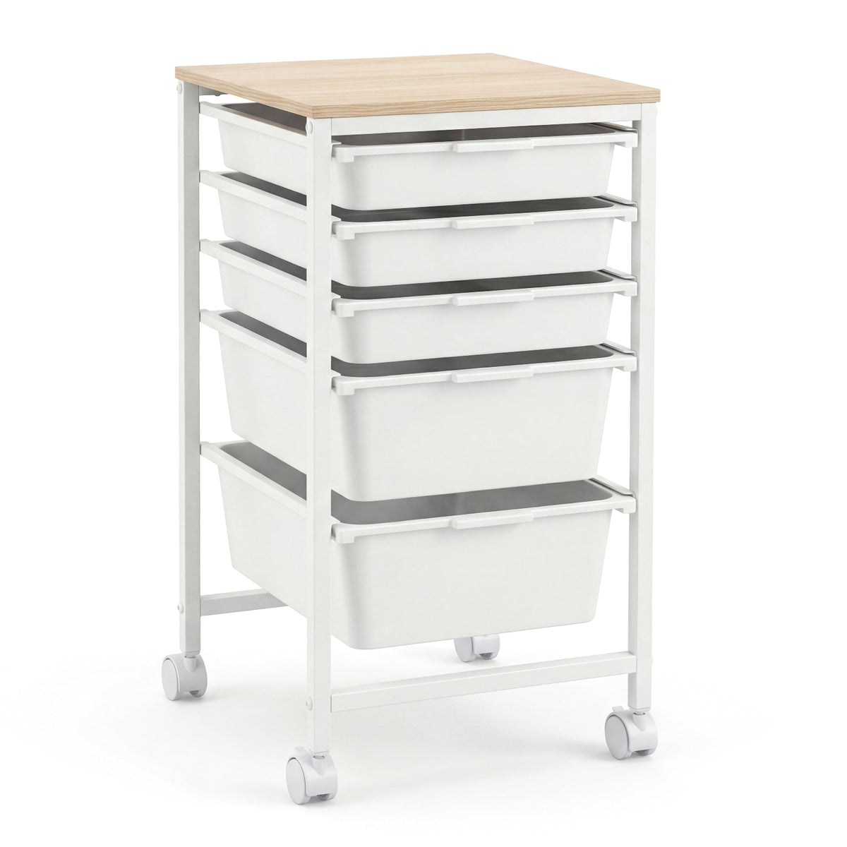 5-Drawer Rolling Storage Cart Mobile Utility Organizer with Wooden Tabletop and Lockable Wheels