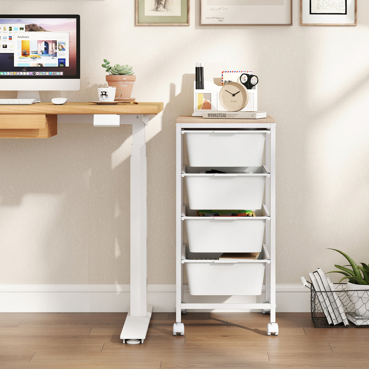5-Drawer Rolling Storage Cart Mobile Utility Organizer with Wooden Tabletop and Lockable Wheels