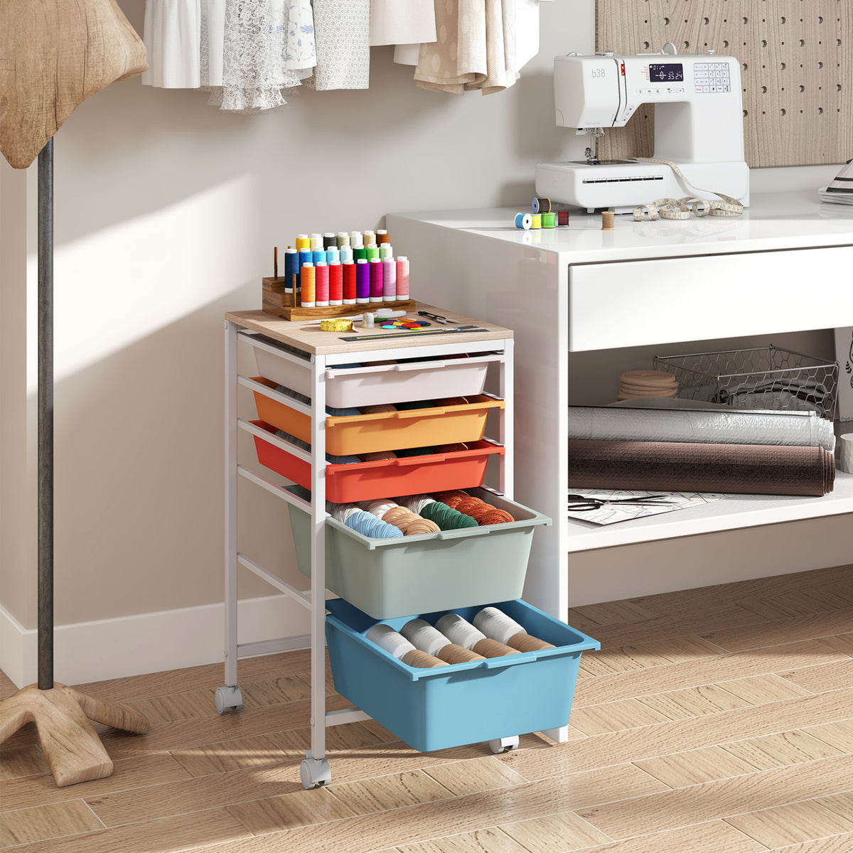 5-Drawer Rolling Storage Cart Mobile Utility Organizer with Wooden Tabletop and Lockable Wheels