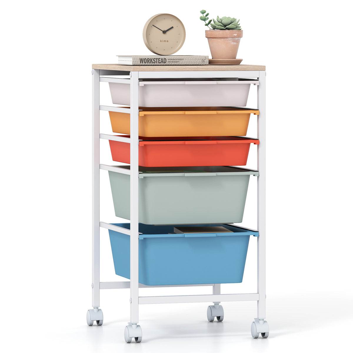 5-Drawer Rolling Storage Cart Mobile Utility Organizer with Wooden Tabletop and Lockable Wheels