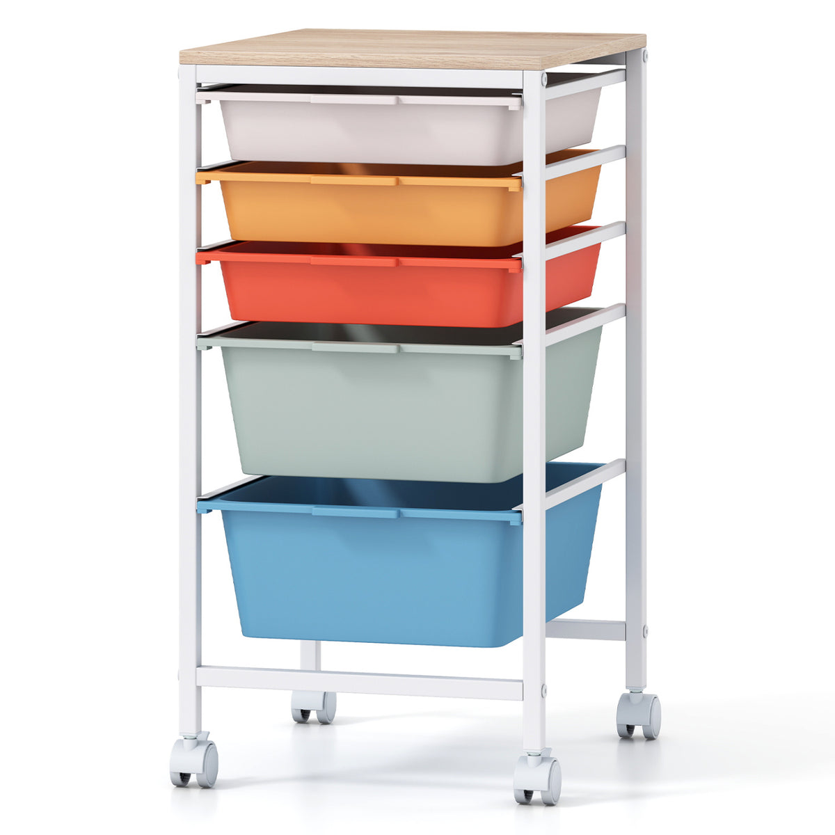 5-Drawer Rolling Storage Cart Mobile Utility Organizer with Wooden Tabletop and Lockable Wheels