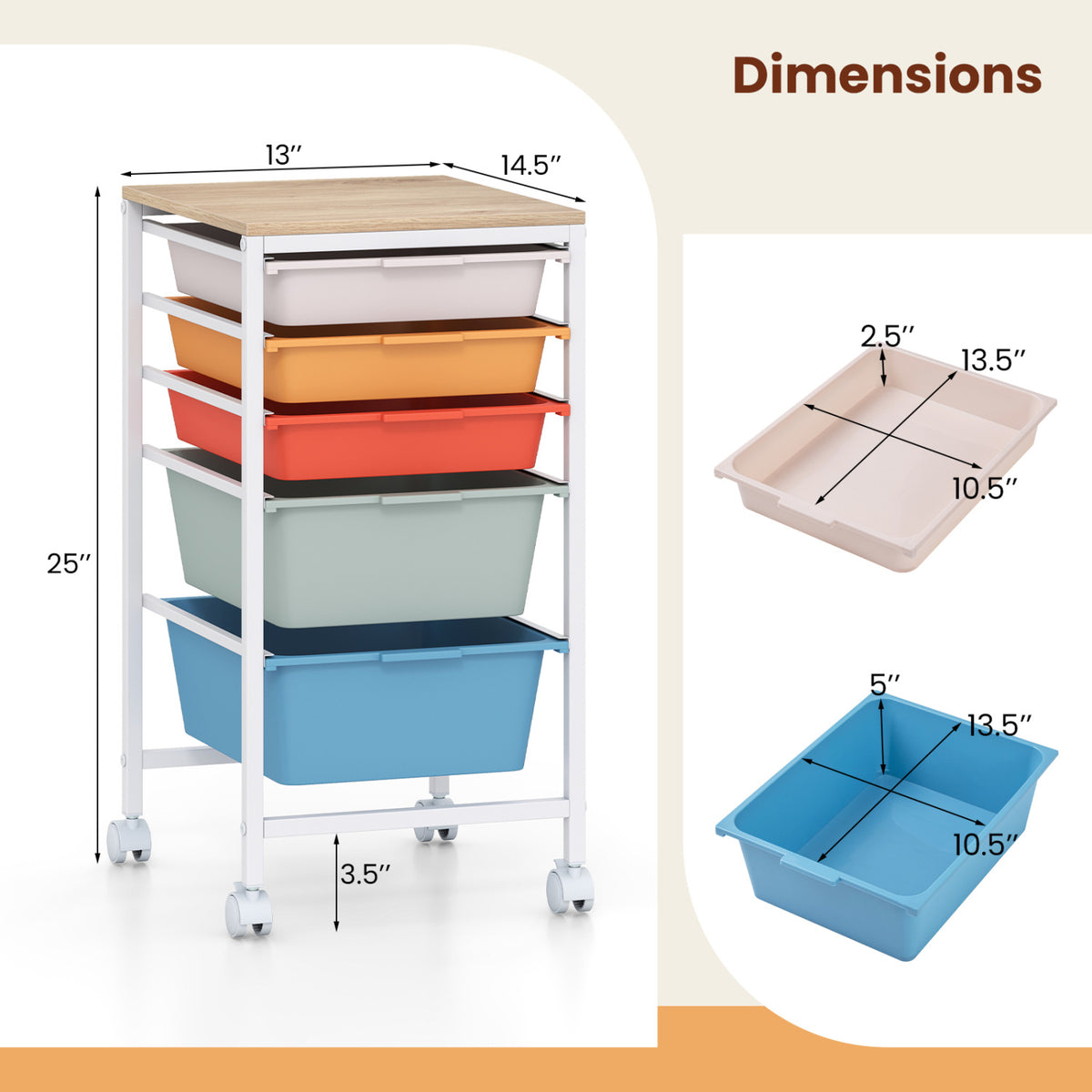 5-Drawer Rolling Storage Cart Mobile Utility Organizer with Wooden Tabletop and Lockable Wheels