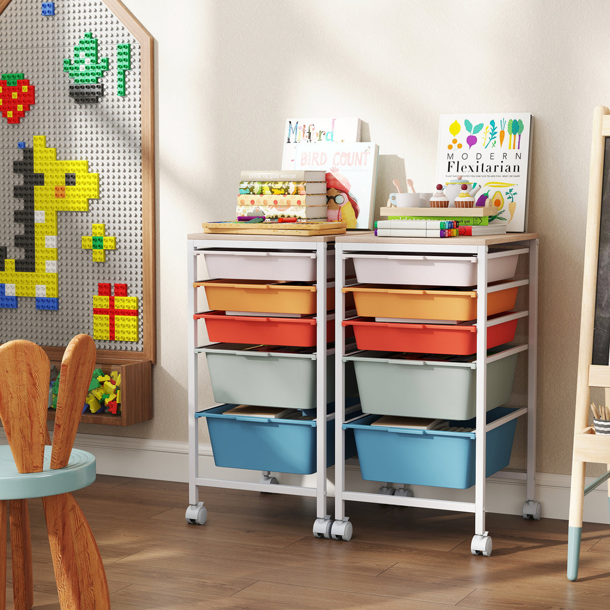 5-Drawer Rolling Storage Cart Mobile Utility Organizer with Wooden Tabletop and Lockable Wheels