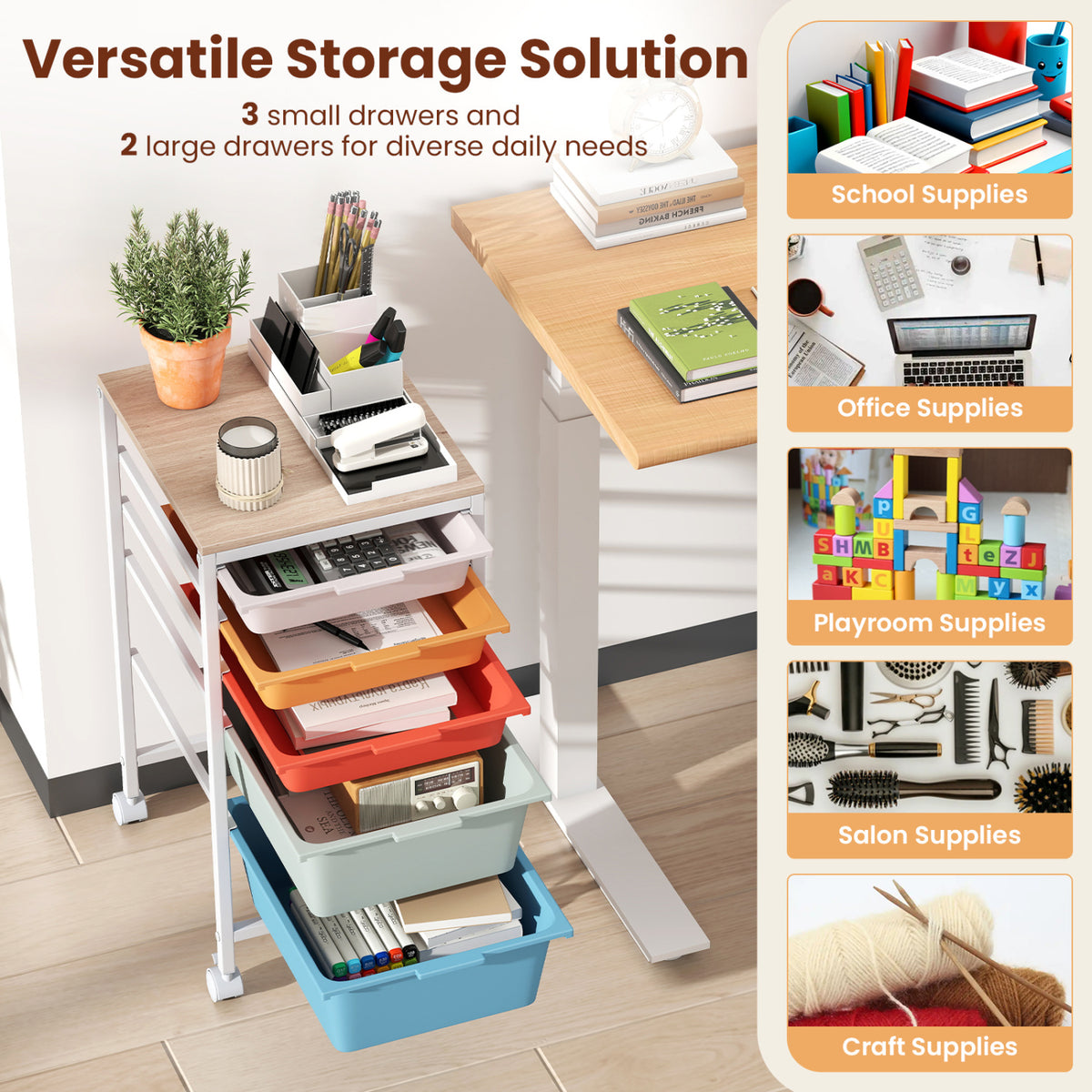 5-Drawer Rolling Storage Cart Mobile Utility Organizer with Wooden Tabletop and Lockable Wheels