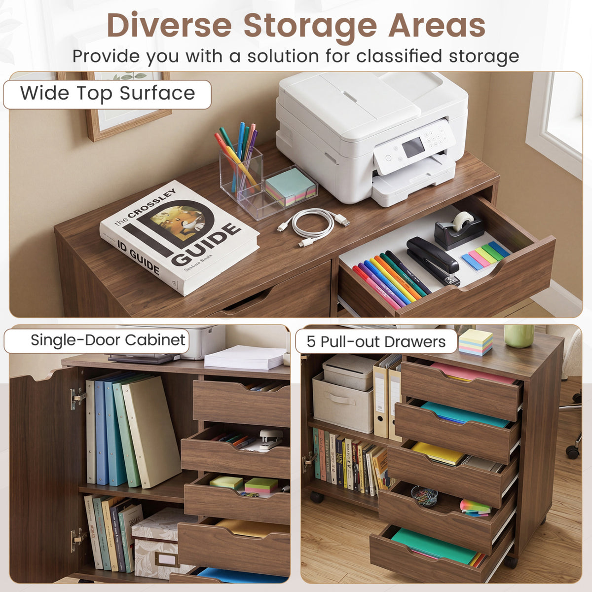 5 Drawer Storage Cabinet on Wheels with Adjustable Shelf