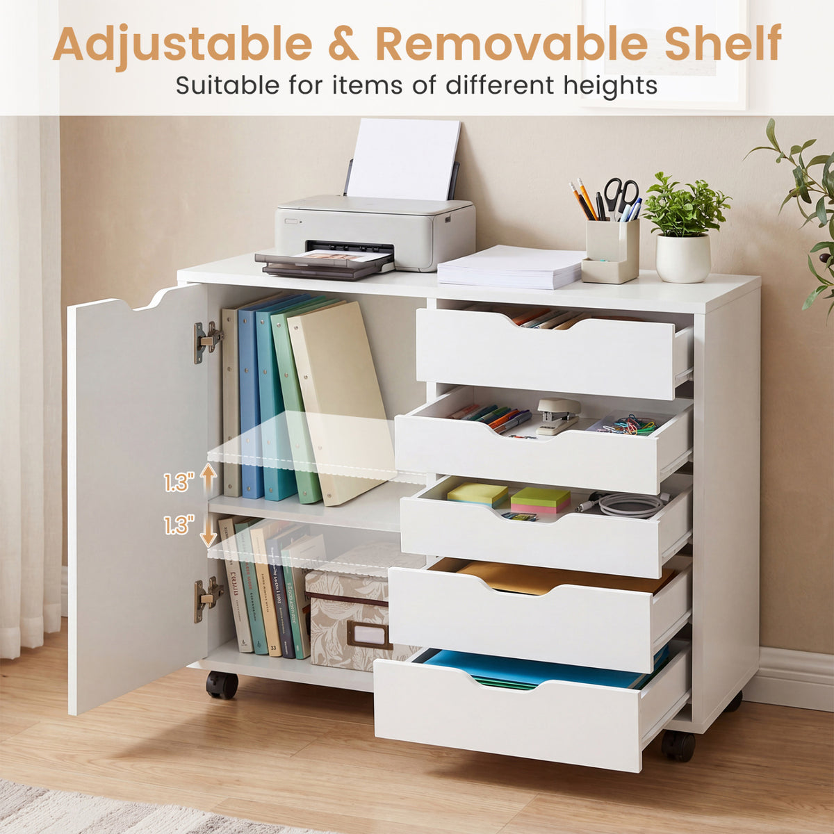 5 Drawer Storage Cabinet on Wheels with Adjustable Shelf