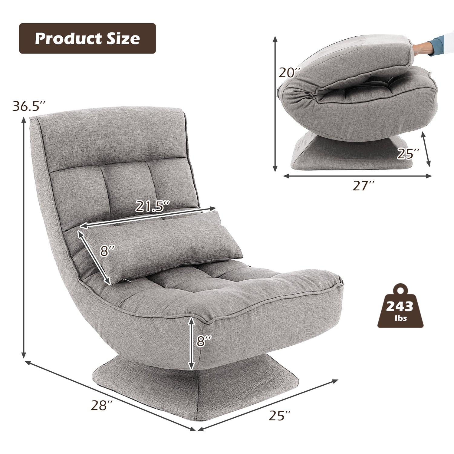 5-Level Adjustable 360° Swivel Floor Chair with Massage Pillow