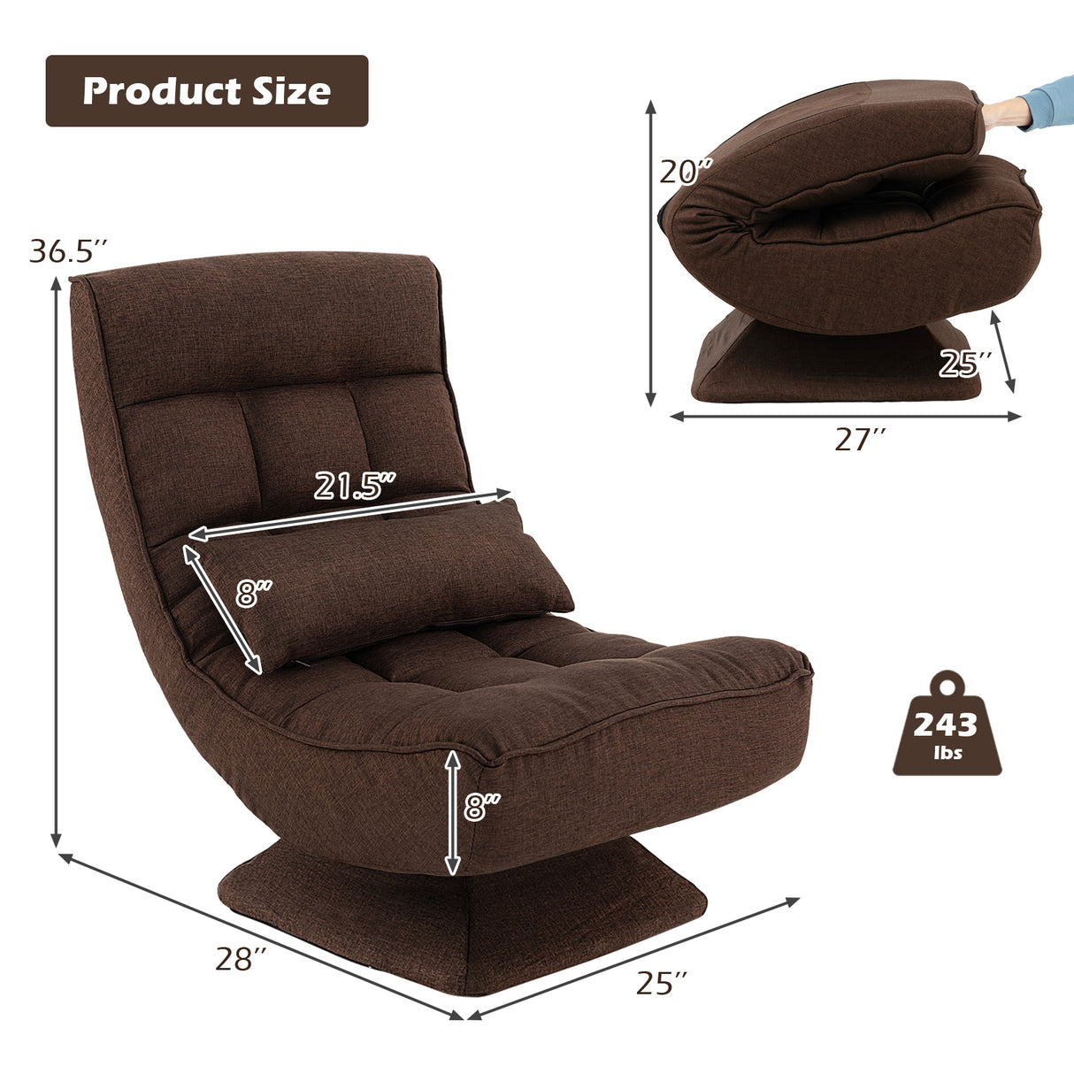 5-Level Adjustable 360° Swivel Floor Chair with Massage Pillow