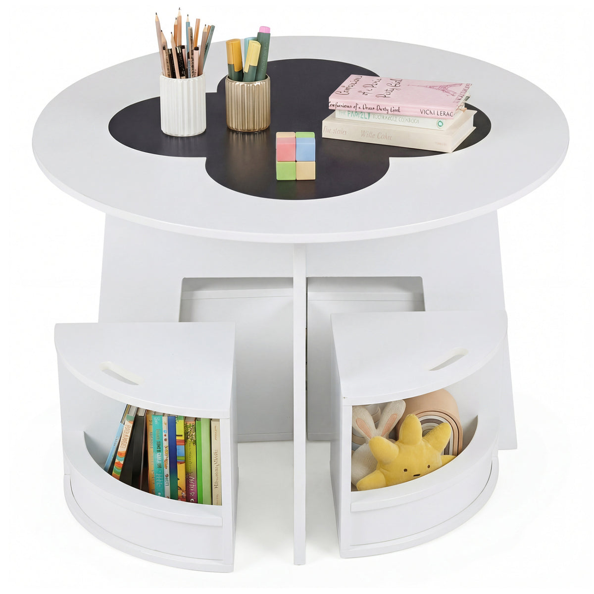 5 PCS Kids Table and Chair Set with Storage Stools for Activity-White