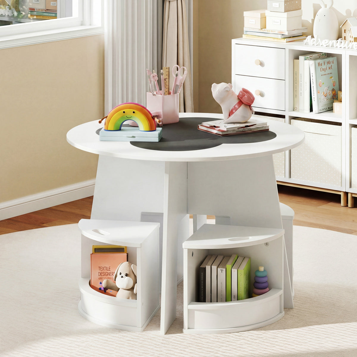 5 PCS Kids Table and Chair Set with Storage Stools for Activity-White