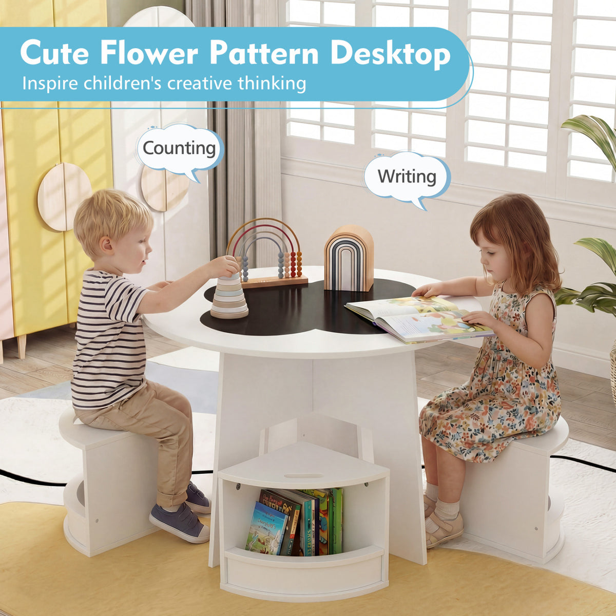 5 PCS Kids Table and Chair Set with Storage Stools for Activity-White