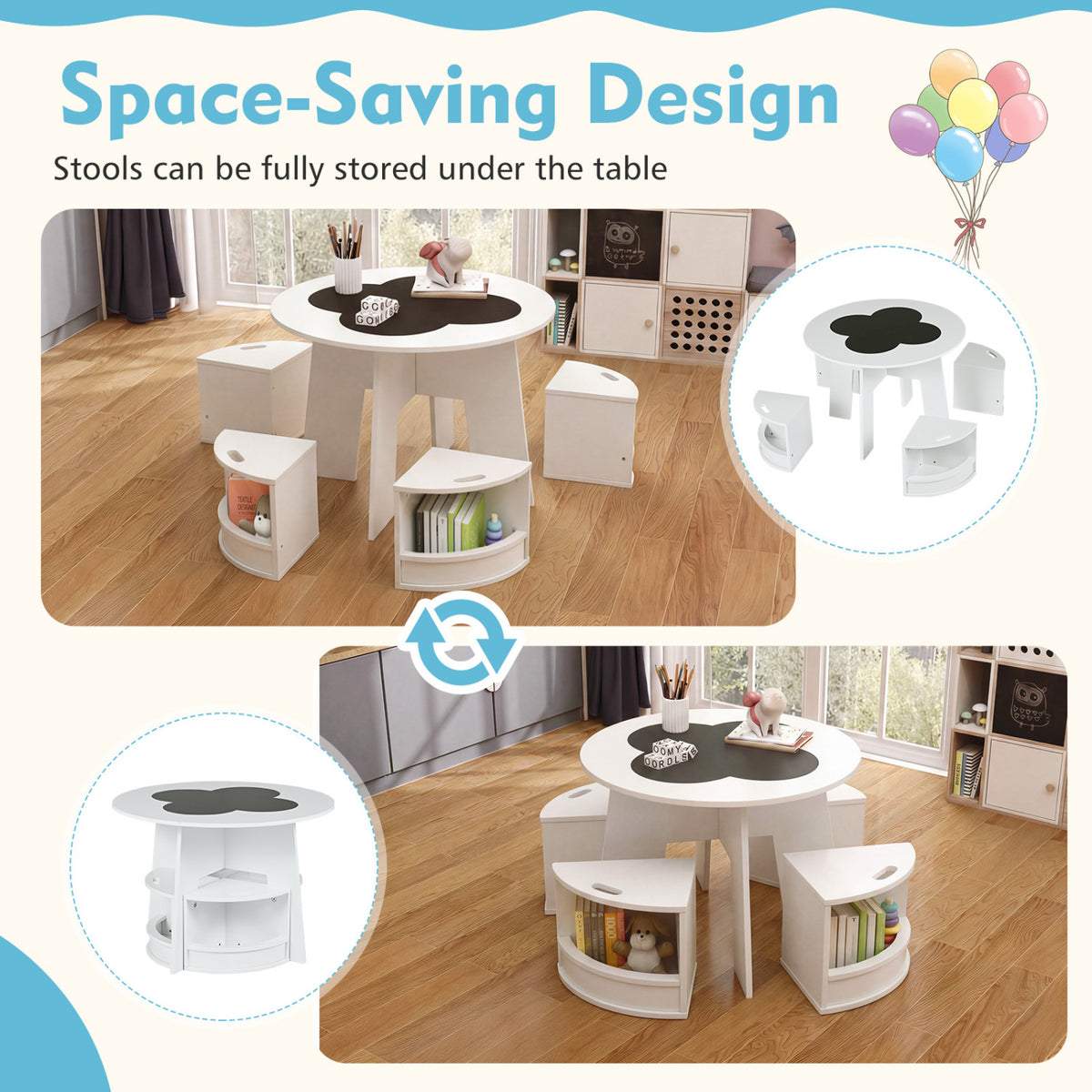 5 PCS Kids Table and Chair Set with Storage Stools for Activity-White