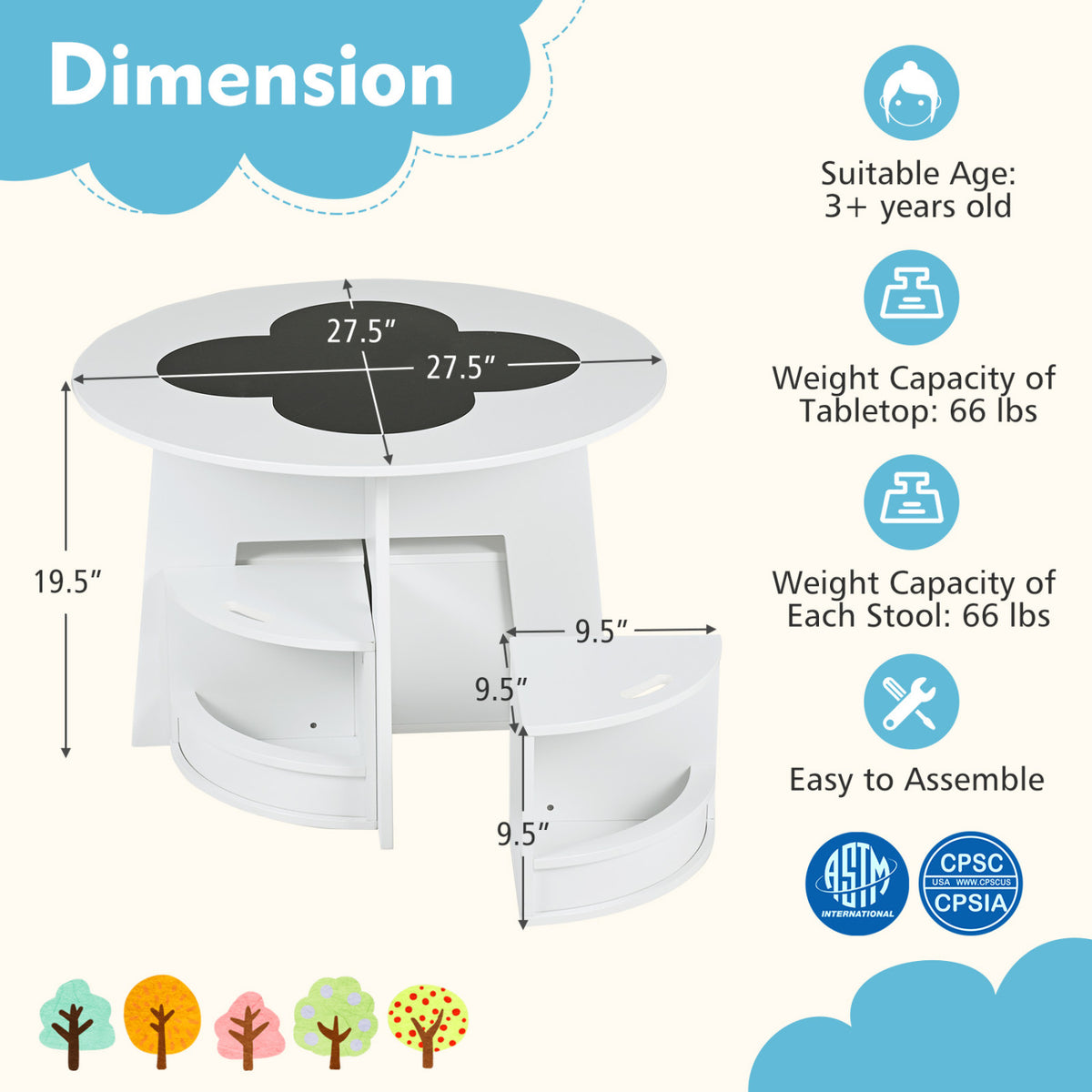 5 PCS Kids Table and Chair Set with Storage Stools for Activity-White
