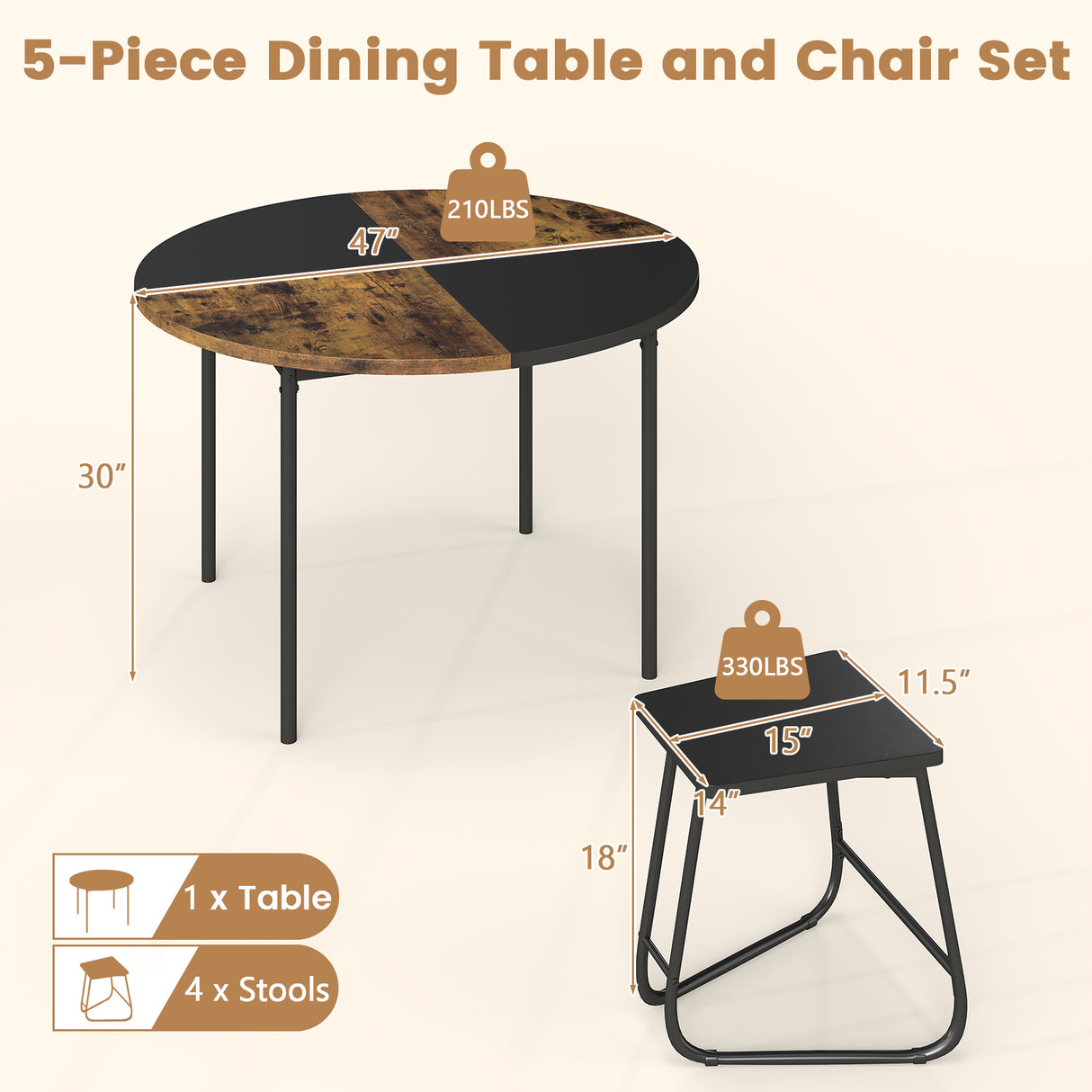 5-Piece Dining Set for 4 47 Inch Round Kitchen Table and 4 Stools-Brown