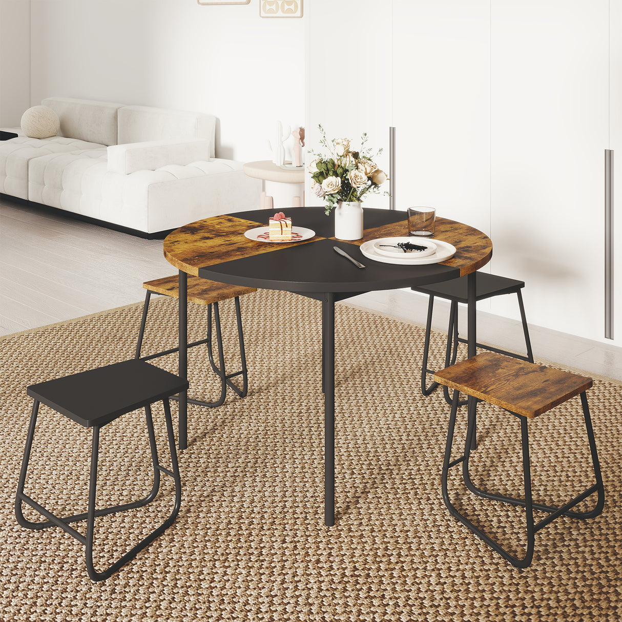 5-Piece Dining Set for 4 47 Inch Round Kitchen Table and 4 Stools-Brown