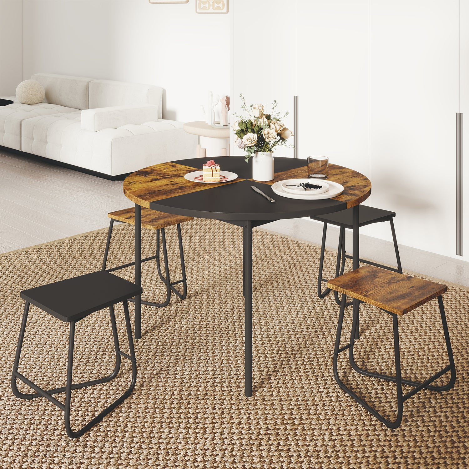 5-Piece Dining Set for 4 47 Inch Round Kitchen Table and 4 Stools-Brown