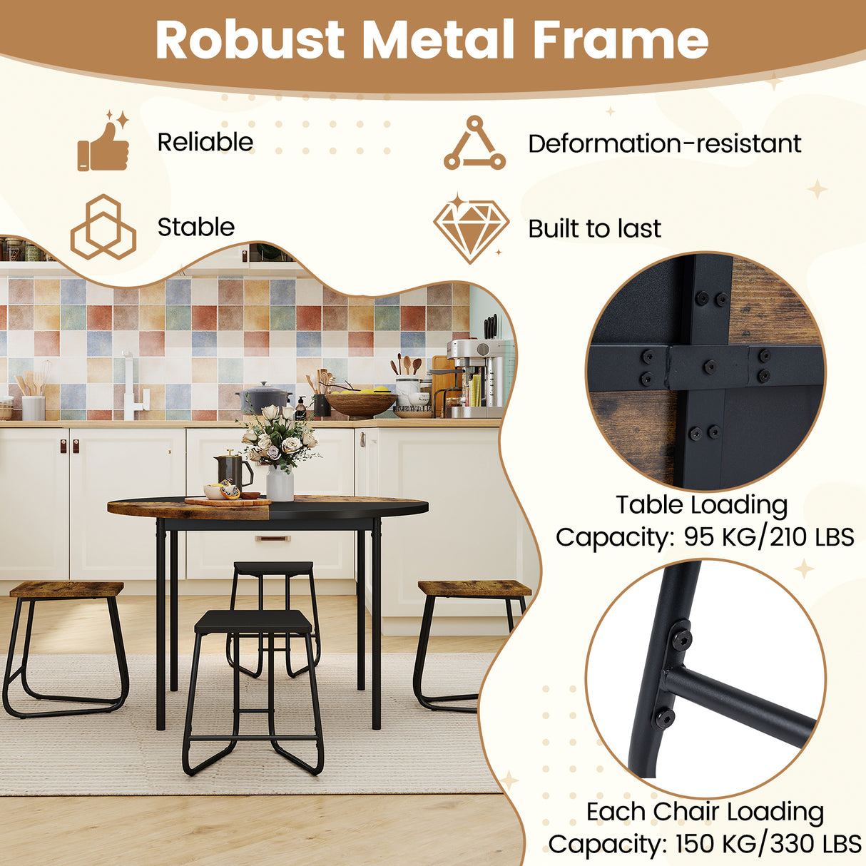5-Piece Dining Set for 4 47 Inch Round Kitchen Table and 4 Stools-Brown