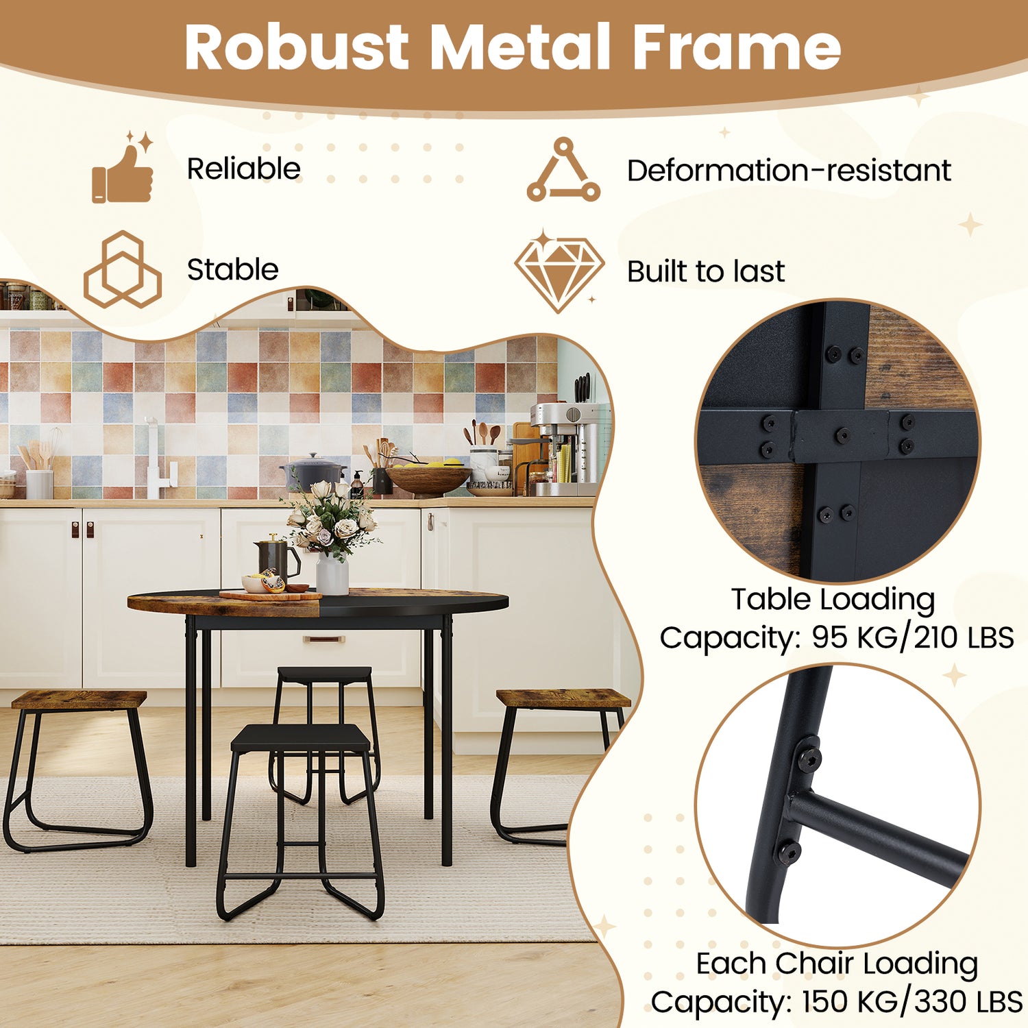 5-Piece Dining Set for 4 47 Inch Round Kitchen Table and 4 Stools-Brown
