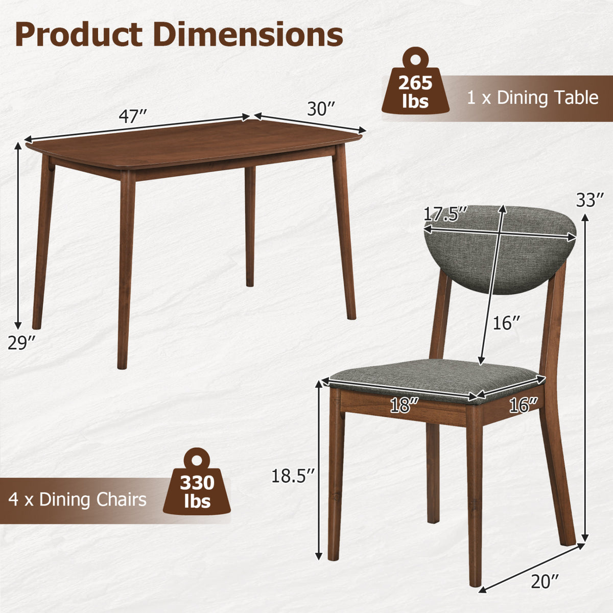 5-Piece Dining Set for 4 with Rectangular Table & Fabric Chairs for Living Room