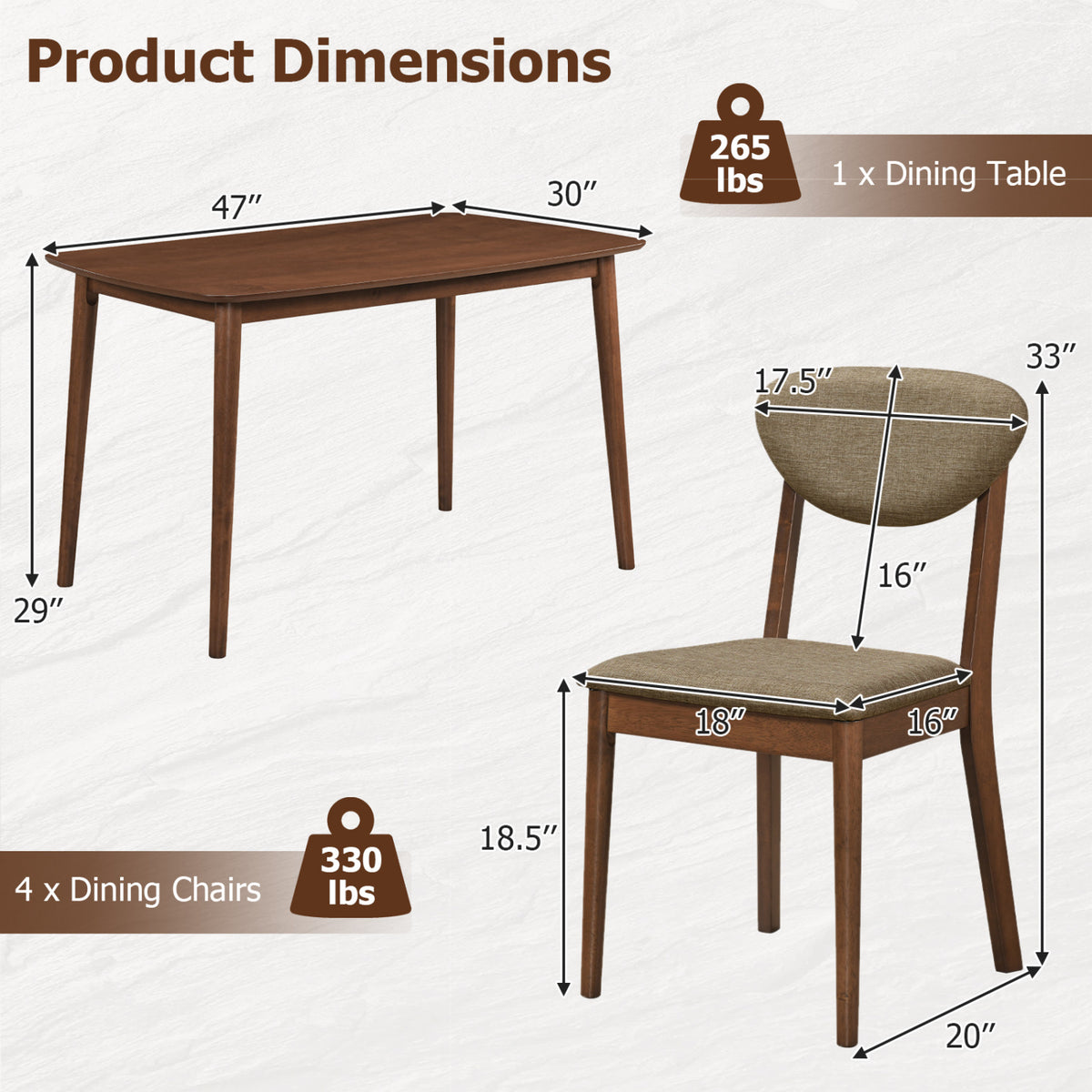 5-Piece Dining Set for 4 with Rectangular Table & Fabric Chairs for Living Room