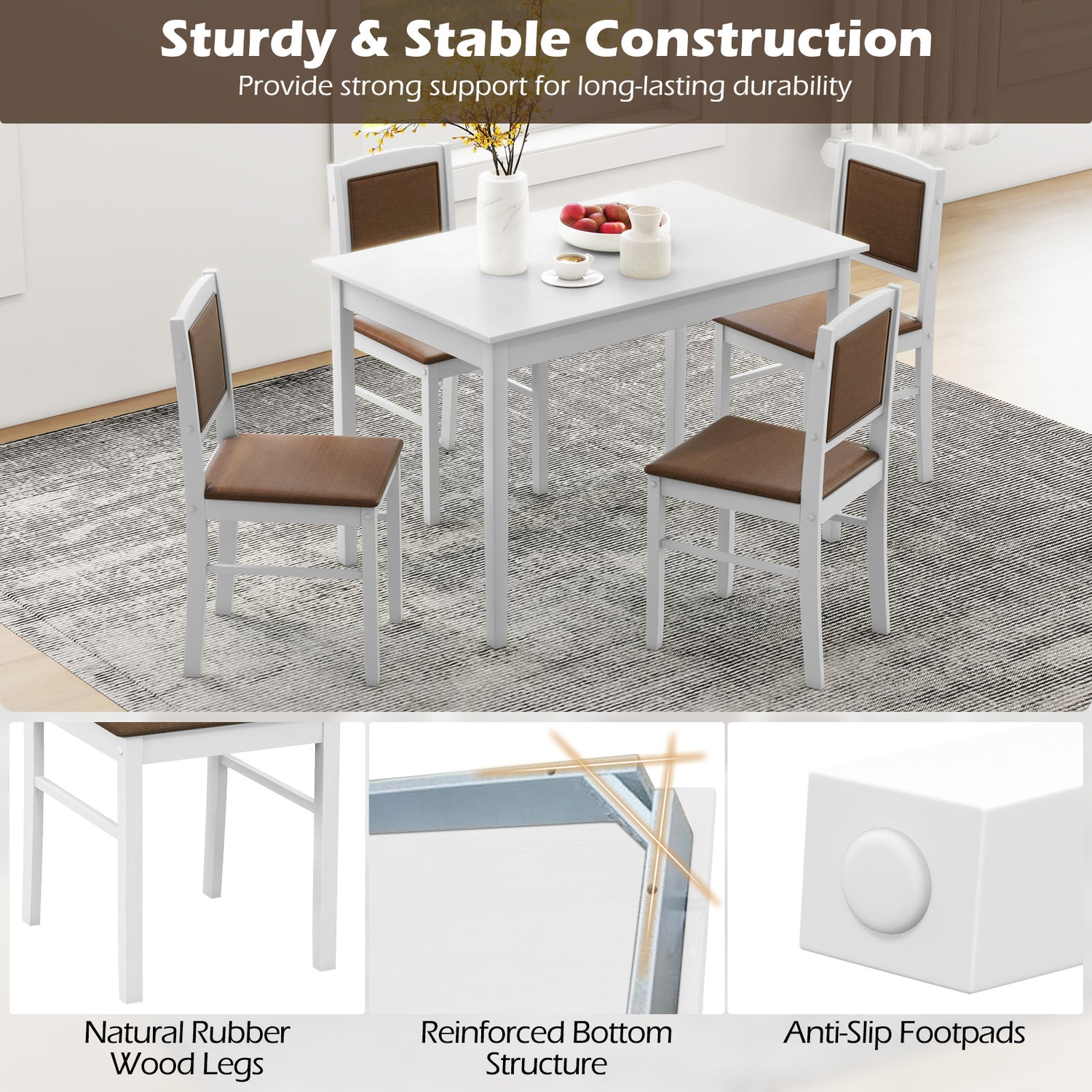 5-Piece Dining Set for 4 with Rubber Wood Legs for Small Dining Room