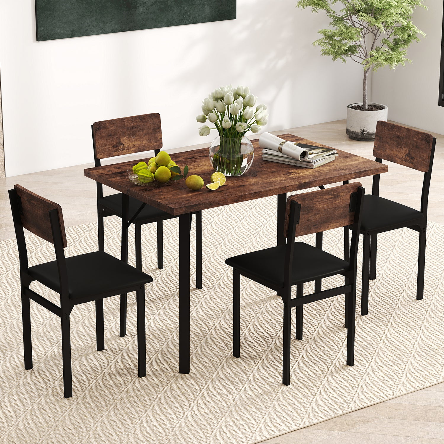 5-Piece Dining Table Set for 4 People Industrial Kitchen Table and 4 PU Leather Chairs-Brown