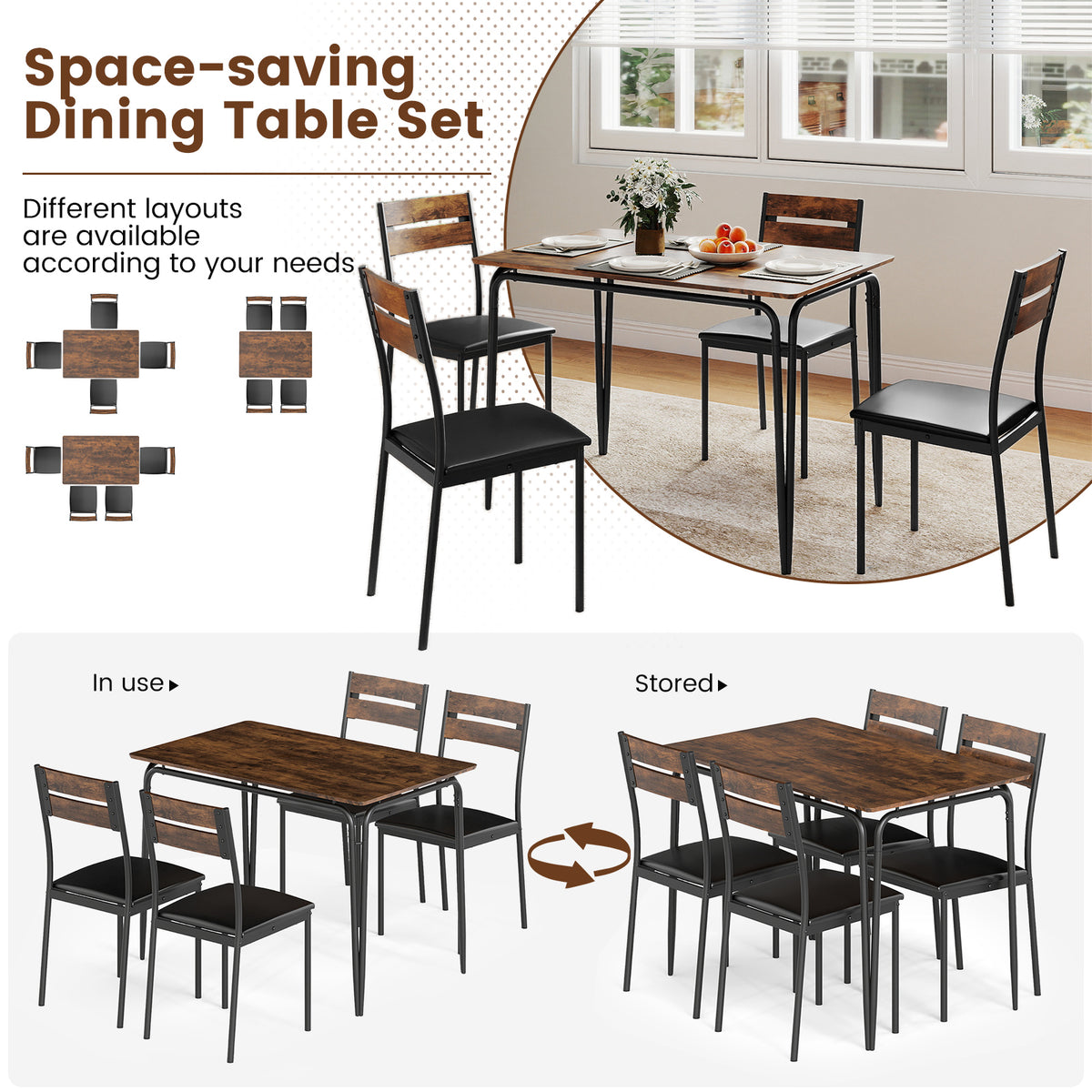 5-Piece Dining Table Set Industrial Rectangular Kitchen Table and 4 Armless Chairs-Rustic Brown