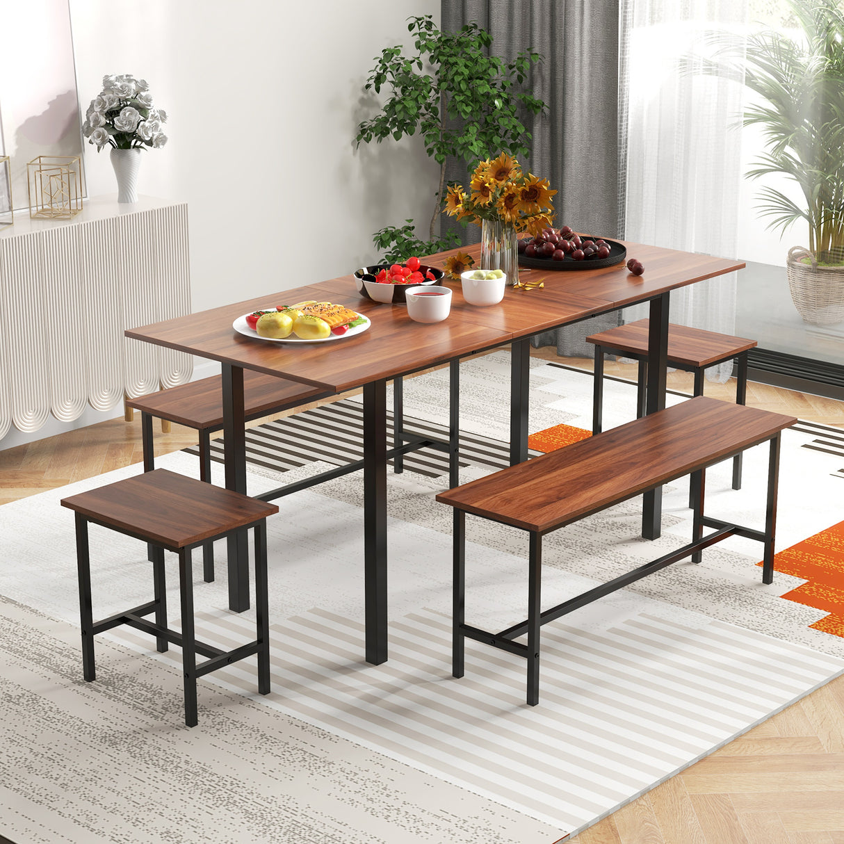 5 Piece Dining Table Set for 4-6 with 2 Benches & 2 Stools for Kitchen Dining Room
