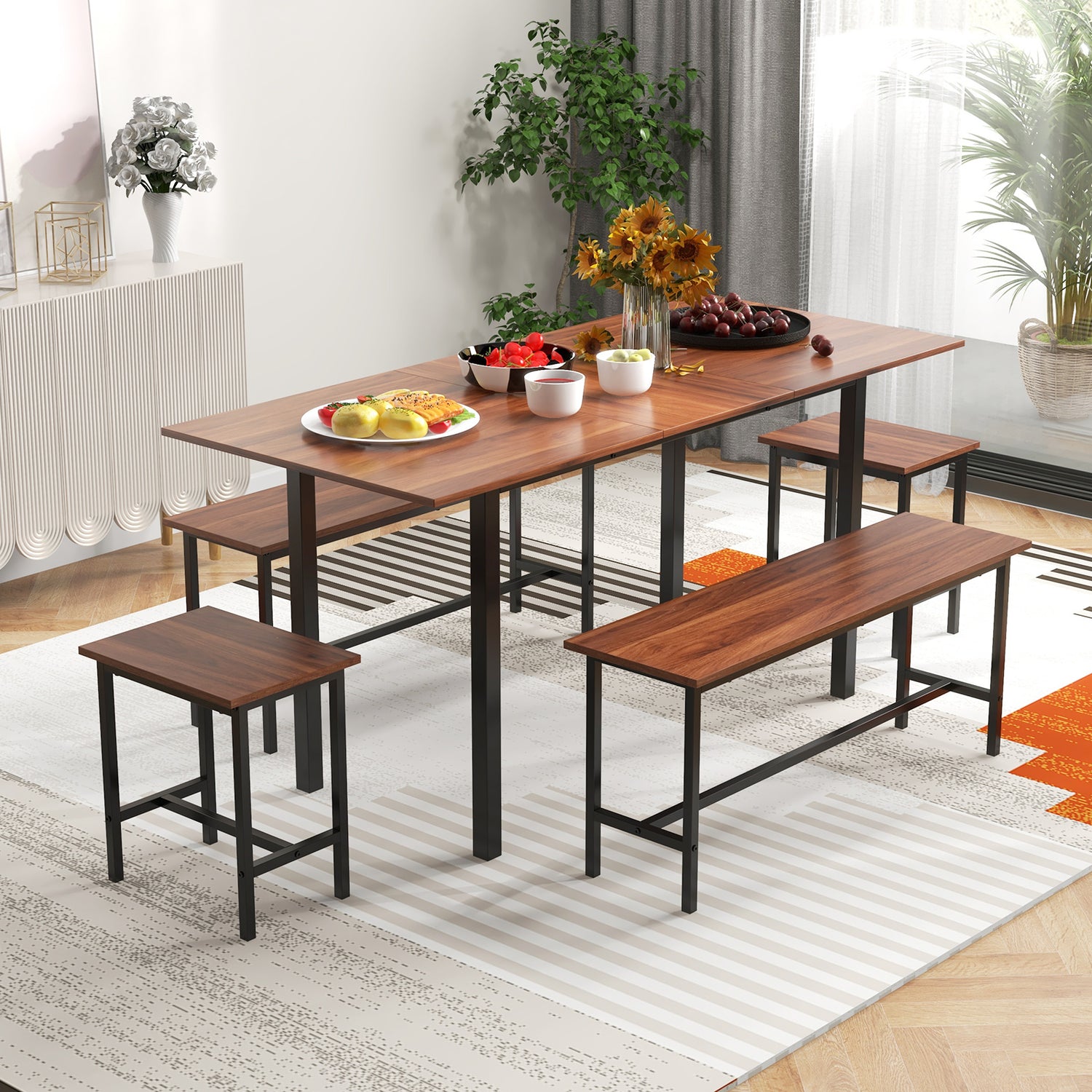 5 Piece Dining Table Set for 4-6 with 2 Benches & 2 Stools for Kitchen Dining Room