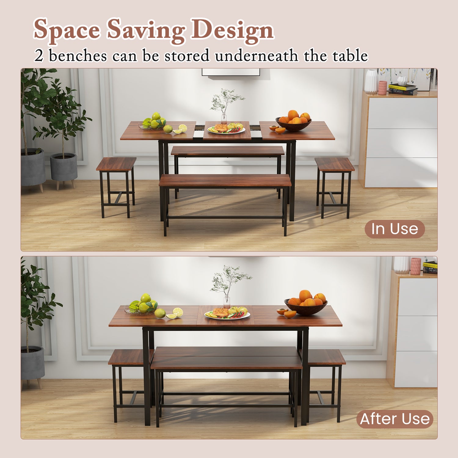 5 Piece Dining Table Set for 4-6 with 2 Benches & 2 Stools for Kitchen Dining Room