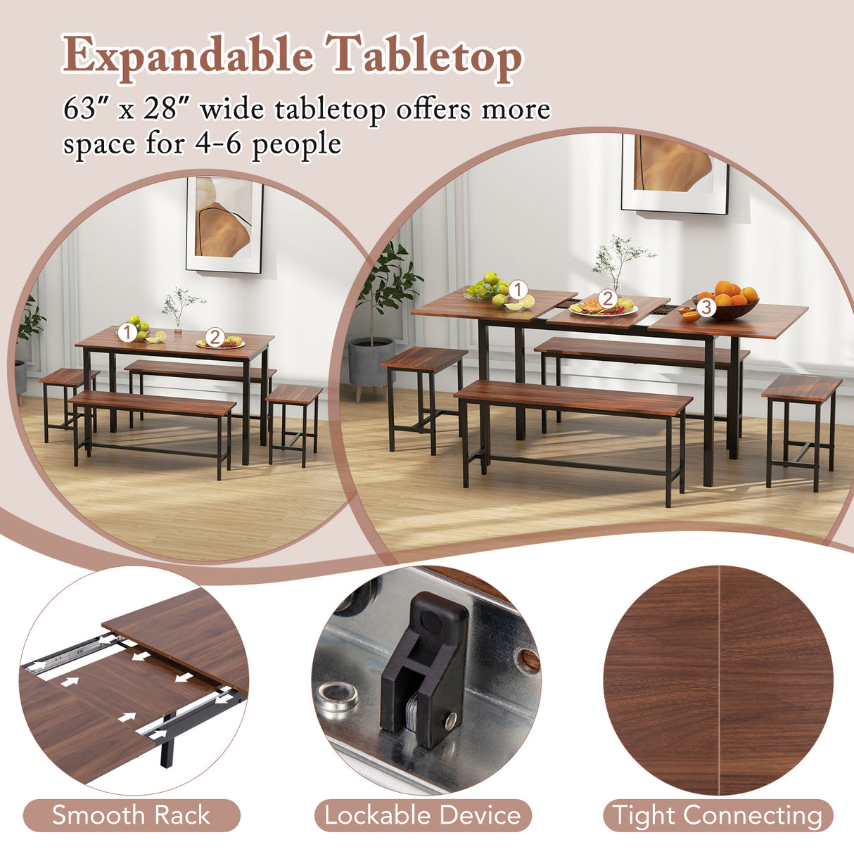 5 Piece Dining Table Set for 4-6 with 2 Benches & 2 Stools for Kitchen Dining Room