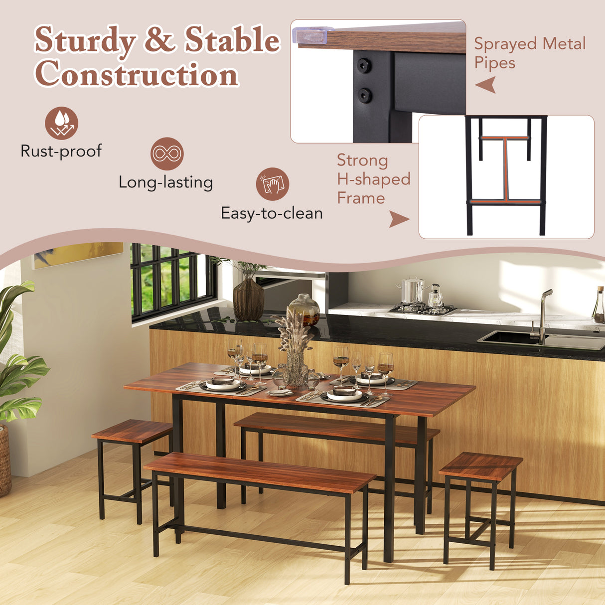 5 Piece Dining Table Set for 4-6 with 2 Benches & 2 Stools for Kitchen Dining Room
