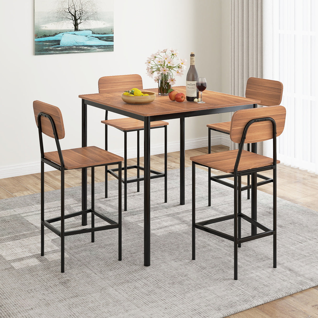 5-Piece Industrial Dining Table Set with Counter Height Table and 4 Bar Stools
