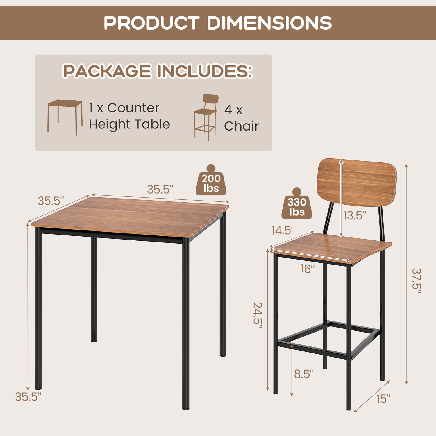5-Piece Industrial Dining Table Set with Counter Height Table and 4 Bar Stools