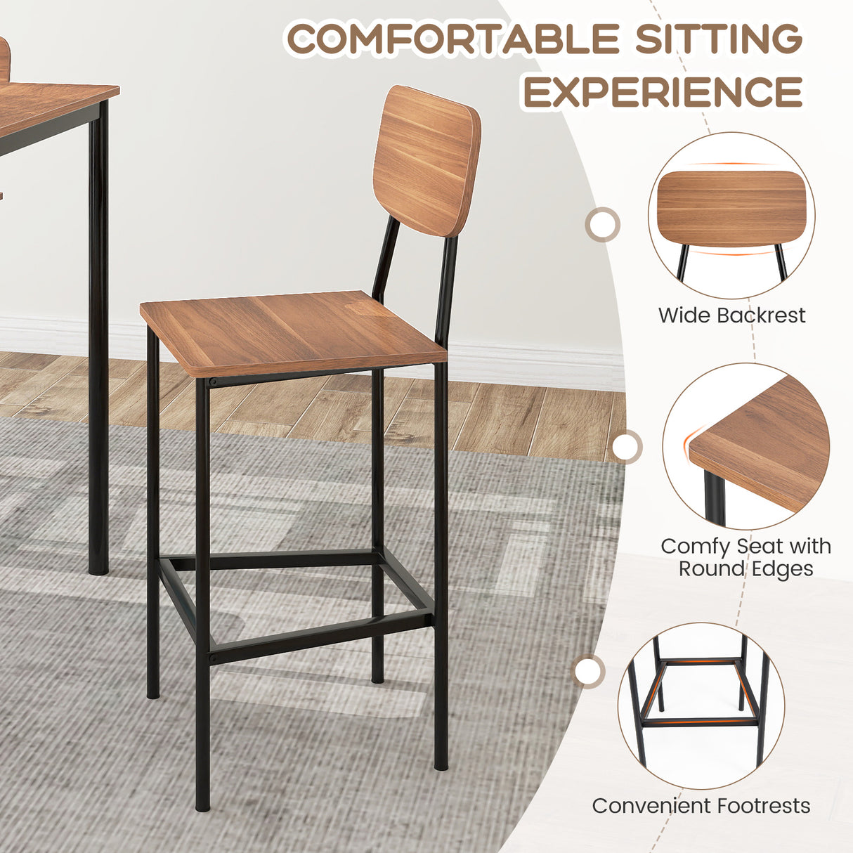 5-Piece Industrial Dining Table Set with Counter Height Table and 4 Bar Stools