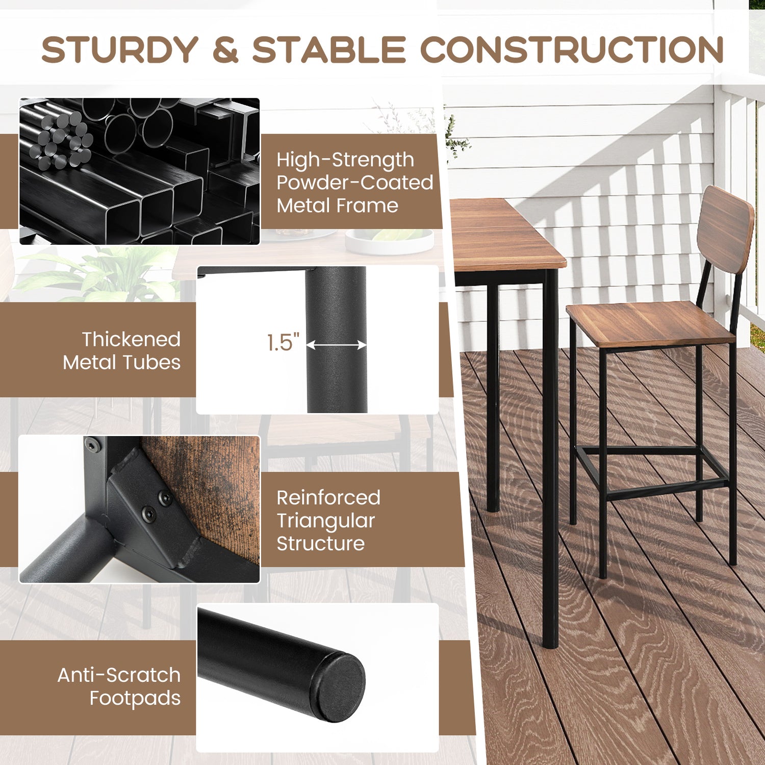 5-Piece Industrial Dining Table Set with Counter Height Table and 4 Bar Stools