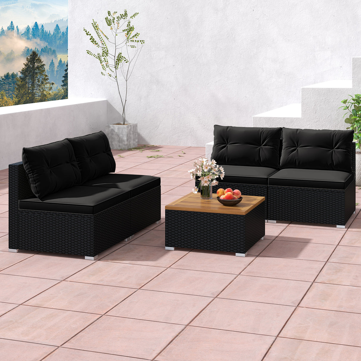 5 Piece Outdoor Furniture Set with Solid Tabletop and Soft Cushions