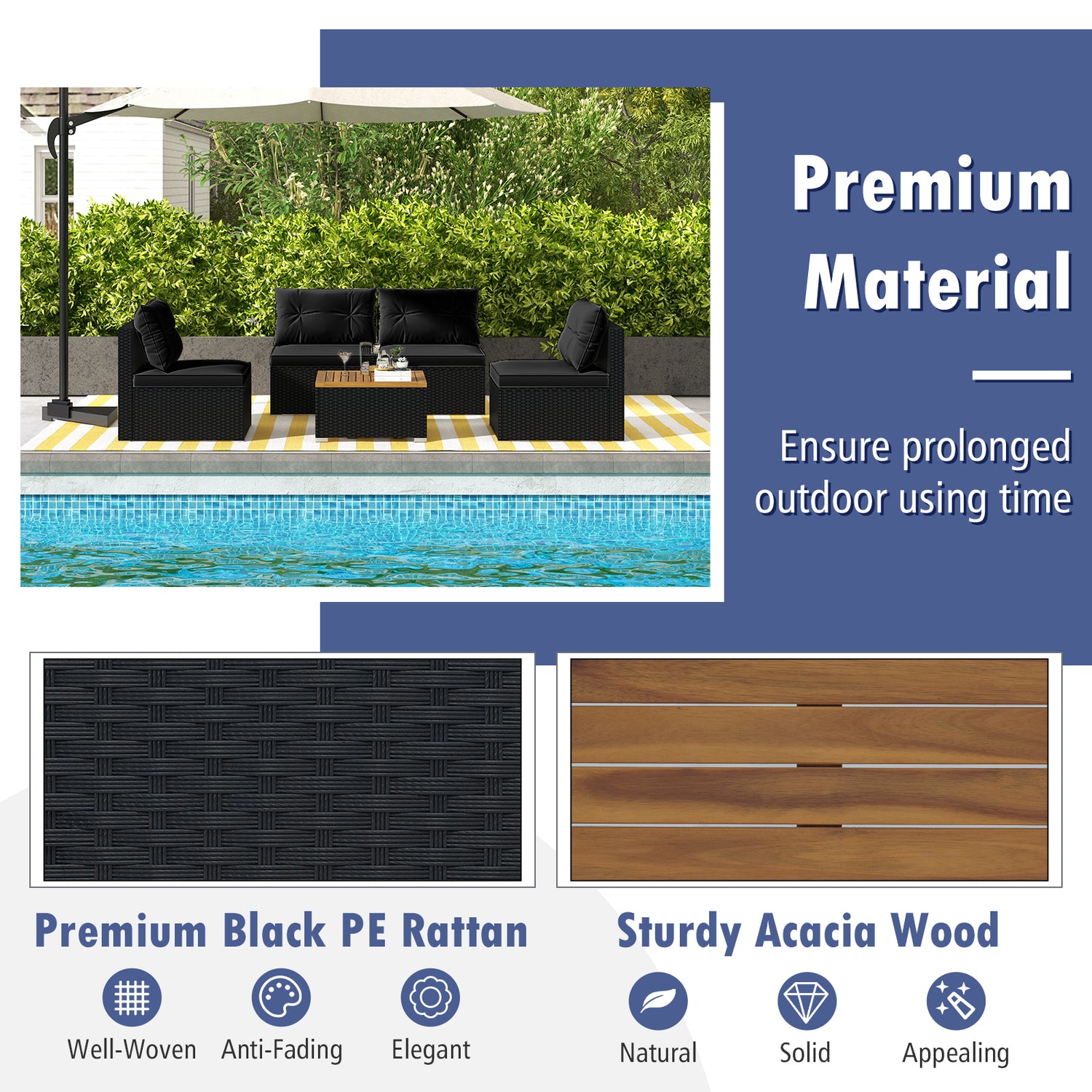 5 Piece Outdoor Furniture Set with Solid Tabletop and Soft Cushions