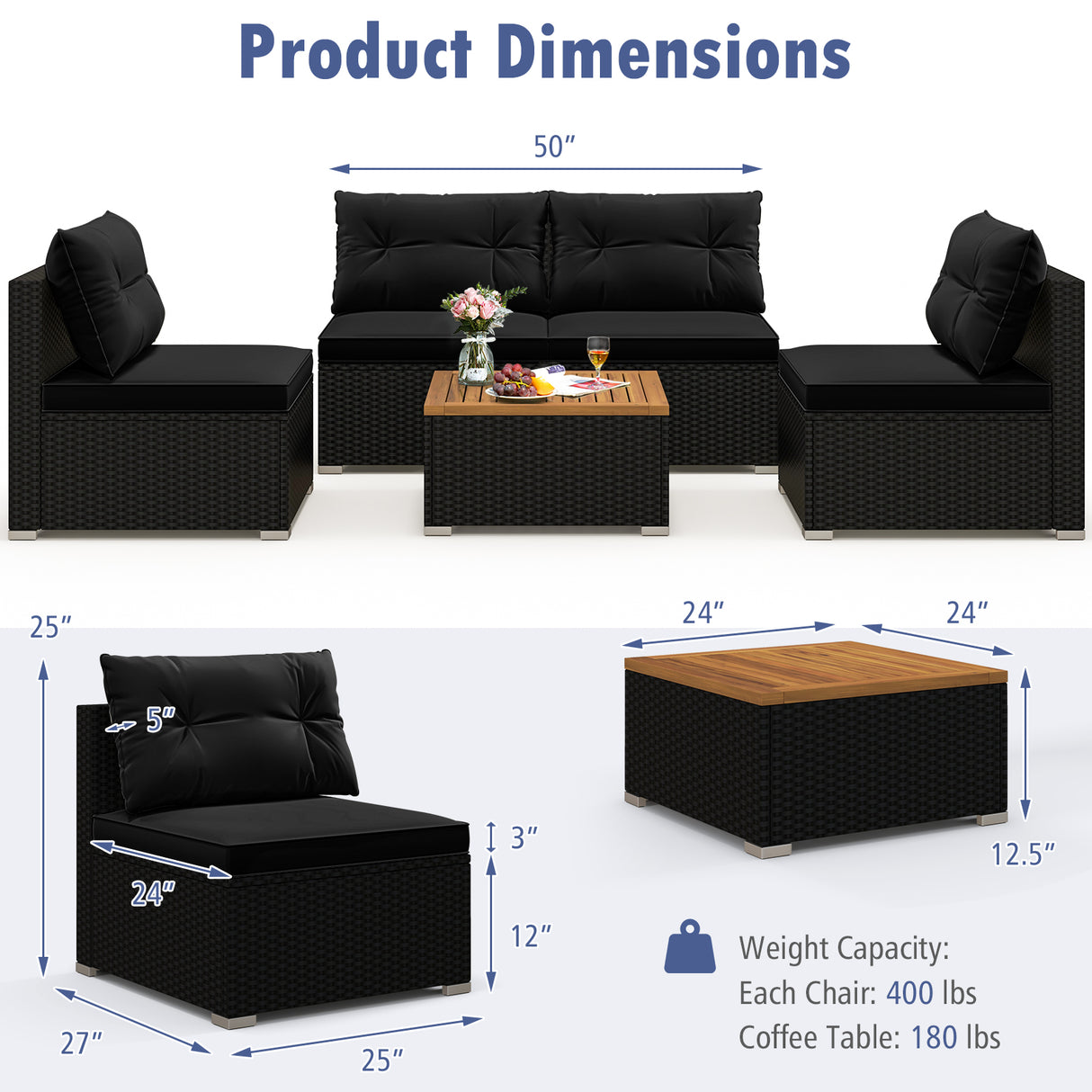 5 Piece Outdoor Furniture Set with Solid Tabletop and Soft Cushions