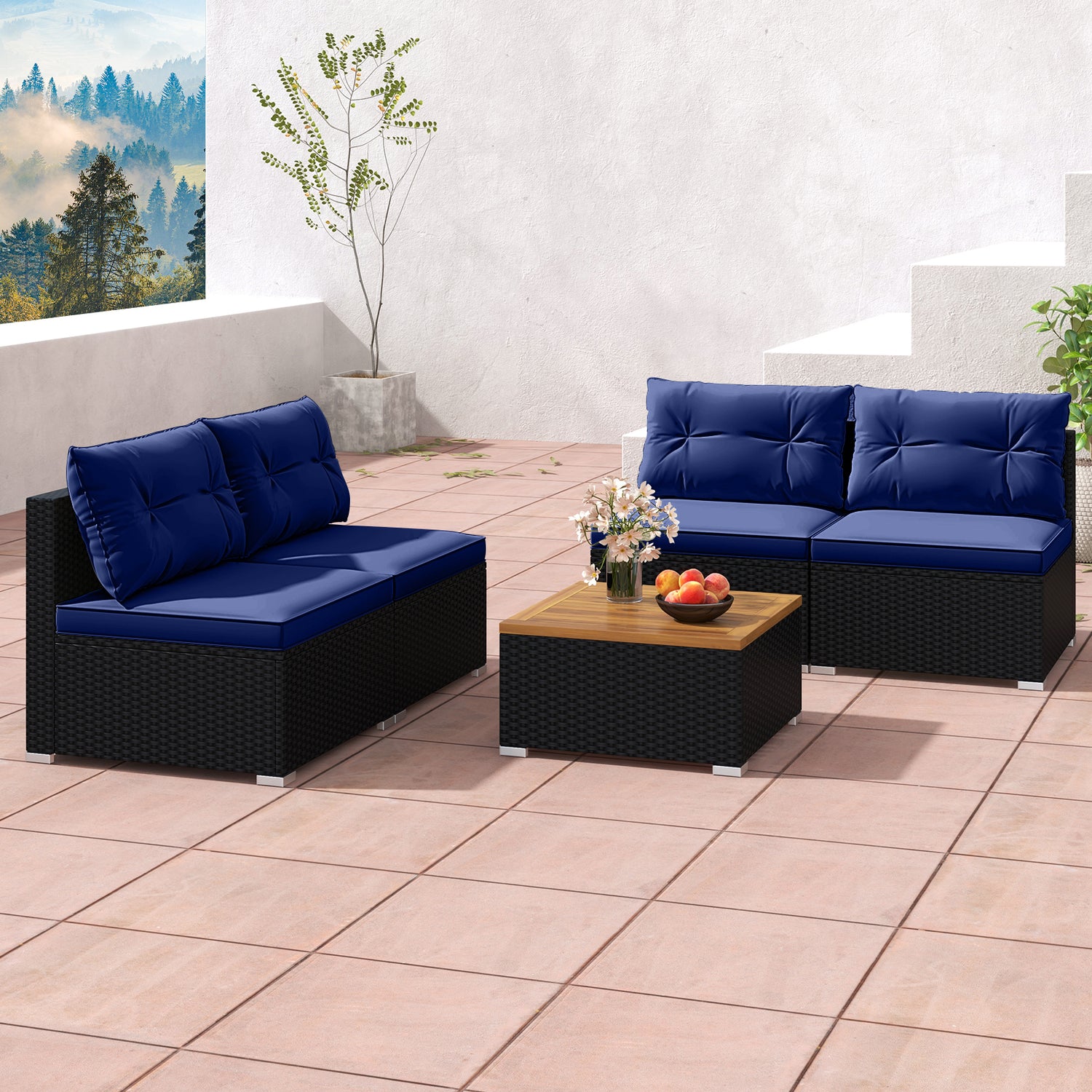 5 Piece Outdoor Furniture Set with Solid Tabletop and Soft Cushions
