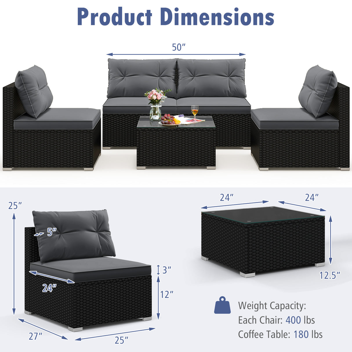 5-Piece Outdoor Patio Furniture Set with Cushions and Coffee Table