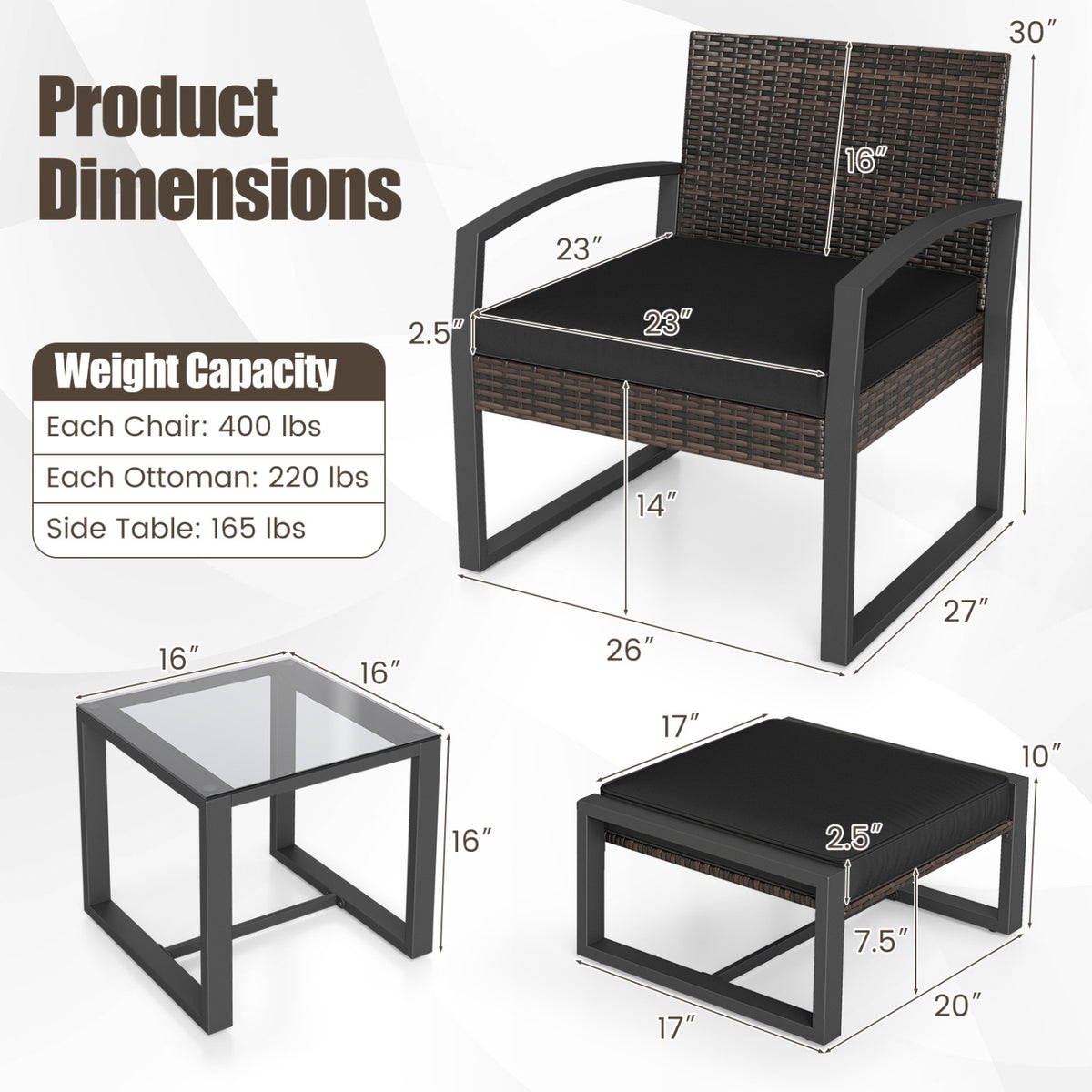 5-Piece Patio Conversation Set with 2 Ottomans and Tempered Glass Side Table