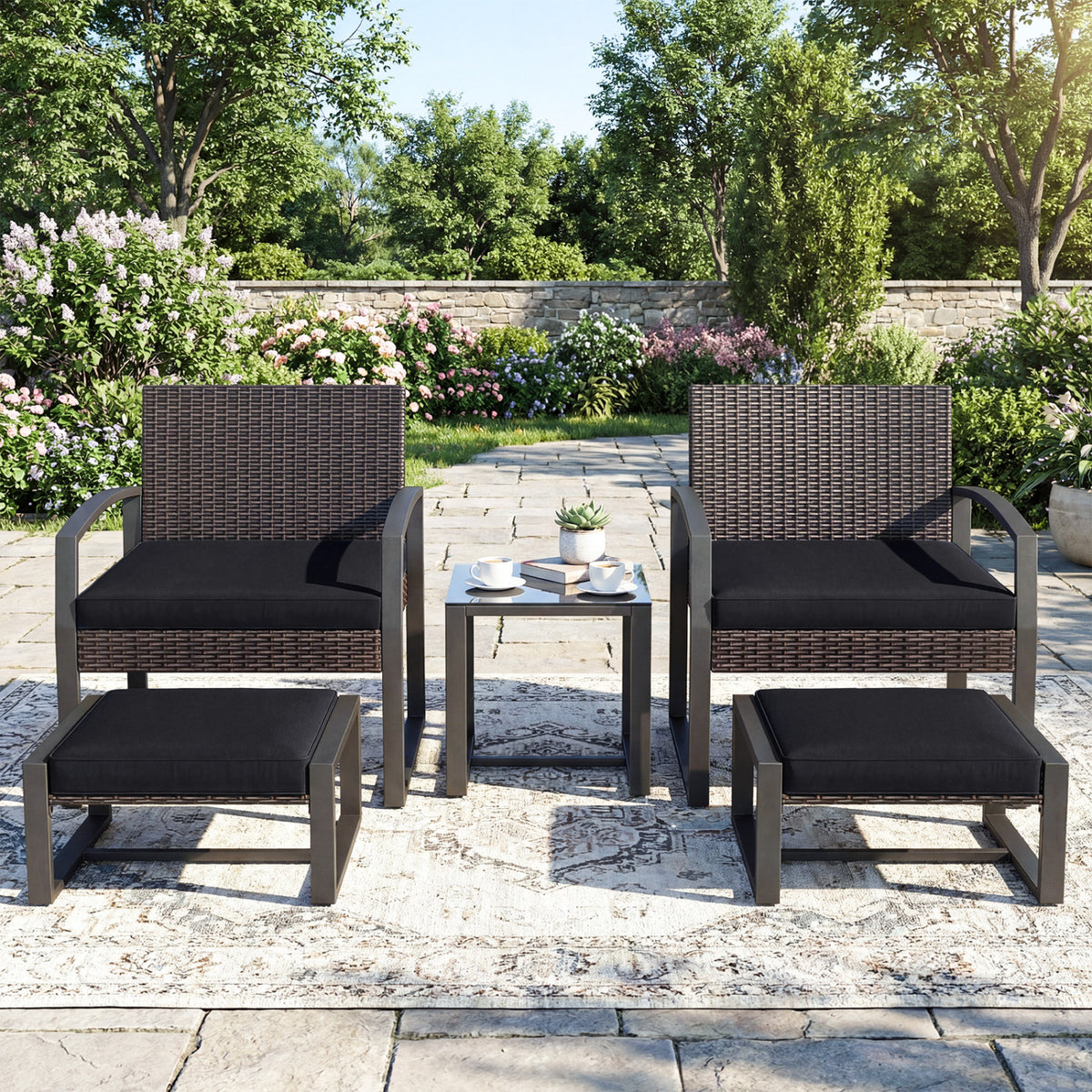 5-Piece Patio Conversation Set with 2 Ottomans and Tempered Glass Side Table