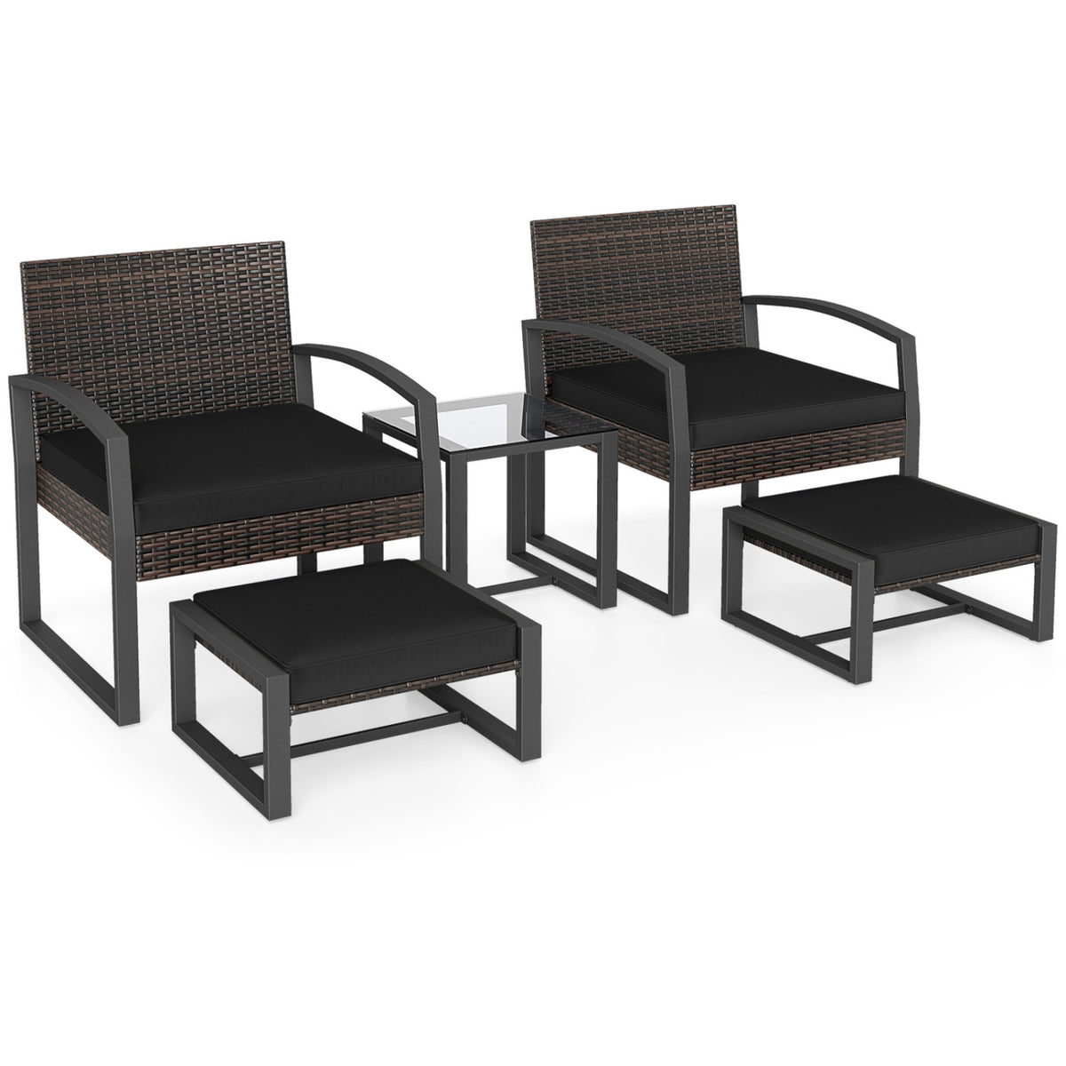 5-Piece Patio Conversation Set with 2 Ottomans and Tempered Glass Side Table