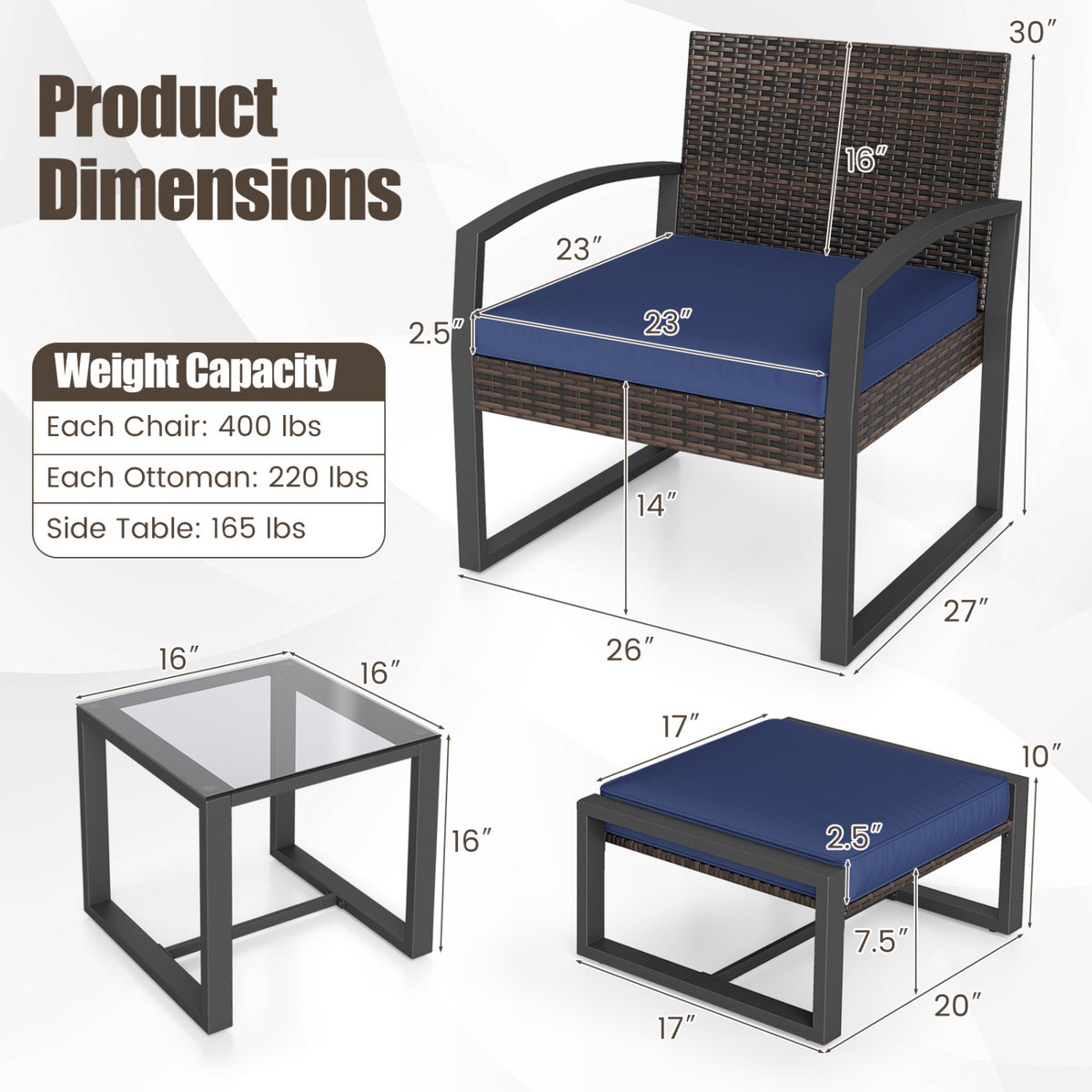 5-Piece Patio Conversation Set with 2 Ottomans and Tempered Glass Side Table