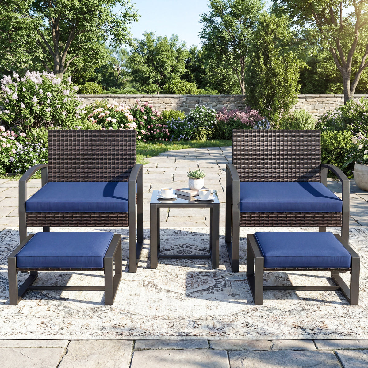 5-Piece Patio Conversation Set with 2 Ottomans and Tempered Glass Side Table