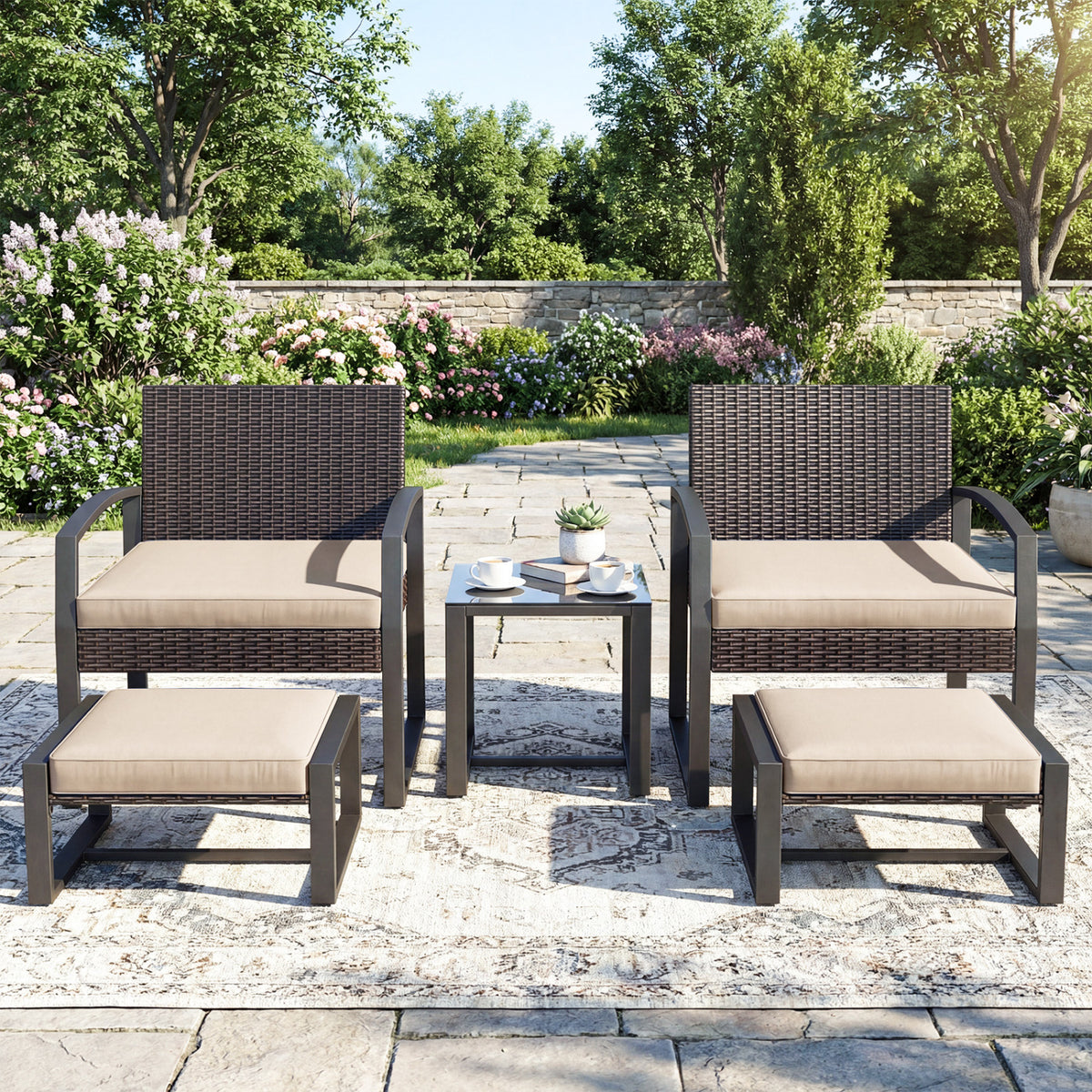 5-Piece Patio Conversation Set with 2 Ottomans and Tempered Glass Side Table