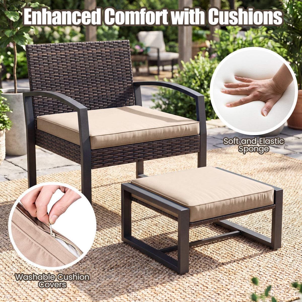 5-Piece Patio Conversation Set with 2 Ottomans and Tempered Glass Side Table