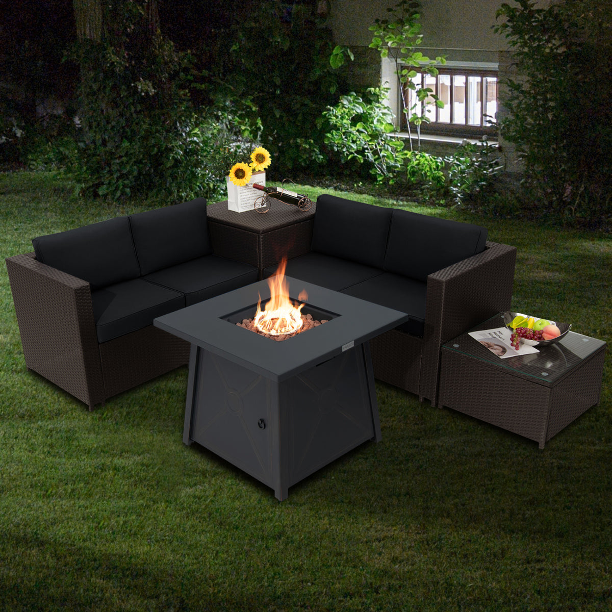 5 Piece Patio Furniture Set with 50000 BTU Propane Fire Pit Table-Black